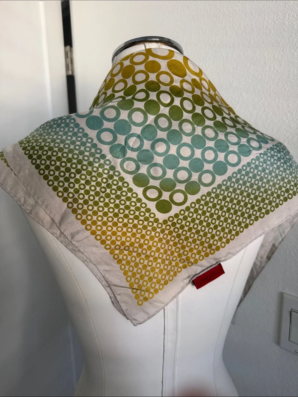 Charles Jourdan Yellow, Teal and Red Polka Dot Silk Scarf